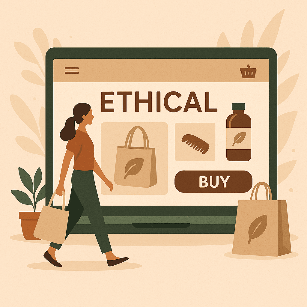 Illustration d’une boutique en ligne éthique : l’alliance du digital et du respect Illustration d’une boutique en ligne éthique avec des produits durables et une femme tenant un sac recyclable, symbolisant une consommation responsable et vibratoire.