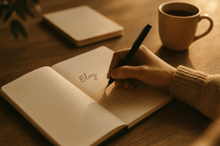 Écriture manuscrite dans un carnet ouvert : l’élan vivant du blog incarné Main écrivant le mot “Blog” dans un carnet ouvert avec une lumière naturelle douce, symbolisant l’expression personnelle et la présence authentique d’un blog aligné.