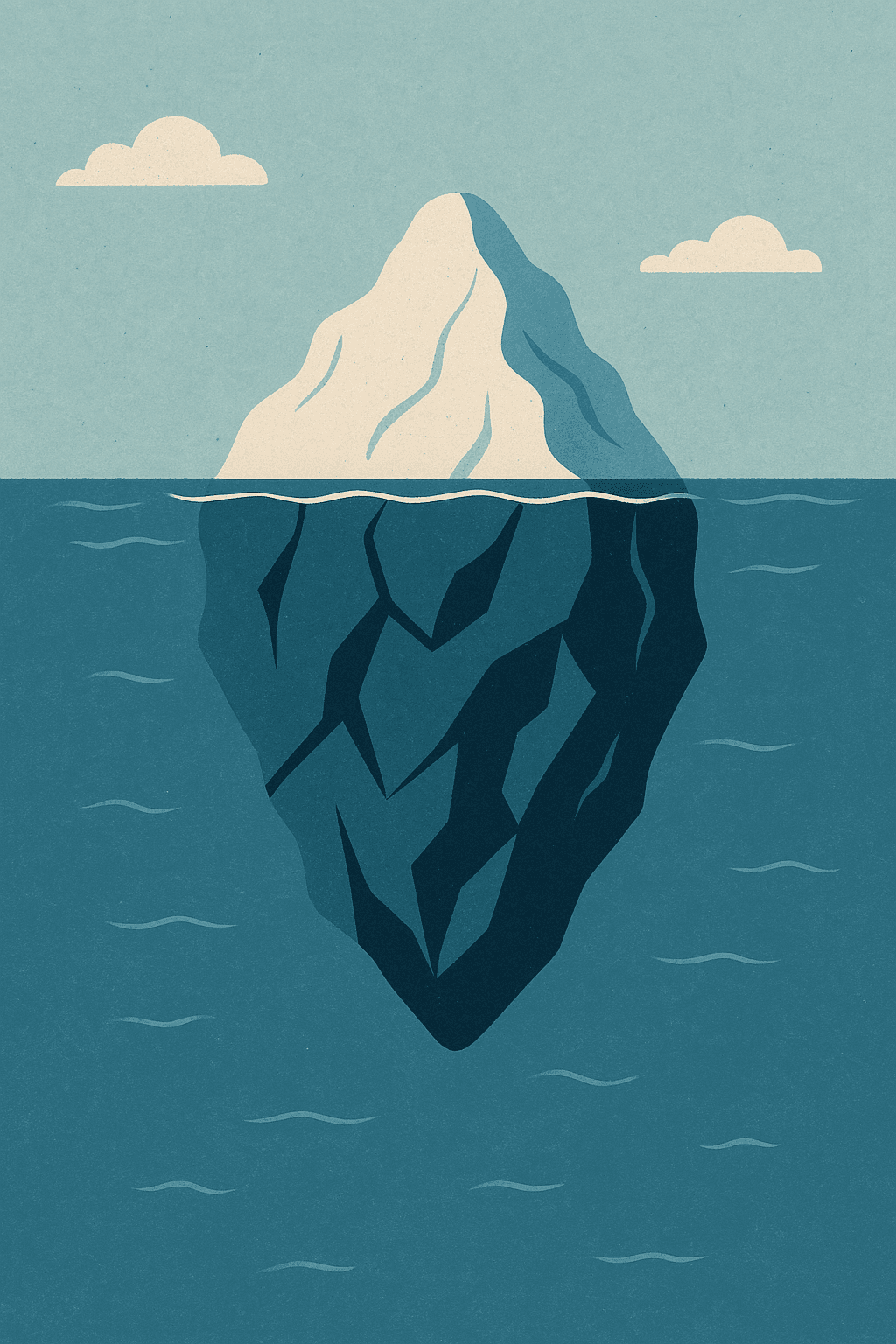 Iceberg symbolique : ce que l’on voit n’est qu’une partie du site vibrant Illustration d’un iceberg avec petite partie visible et grande partie immergée, représentant la profondeur invisible d’un site aligné.