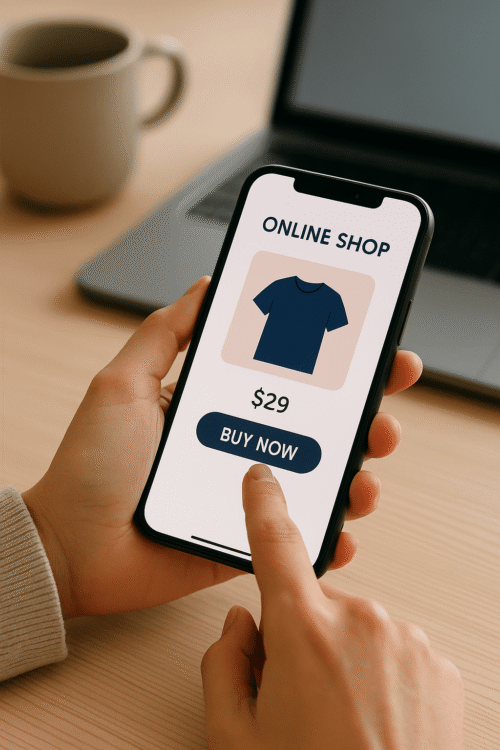 Site e-commerce : l’expérience d’achat à portée de main Main appuyant sur un bouton “Buy Now” sur un site e-commerce affiché sur un smartphone.
