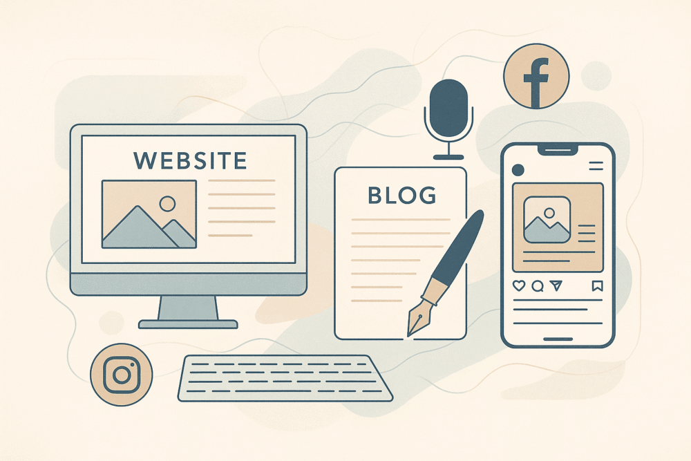 L’équilibre d’un site inspirant entre vitrine, blog et réseaux sociaux Moodboard digital illustrant un site inspirant intégrant une vitrine, un blog et des réseaux sociaux avec un design épuré.